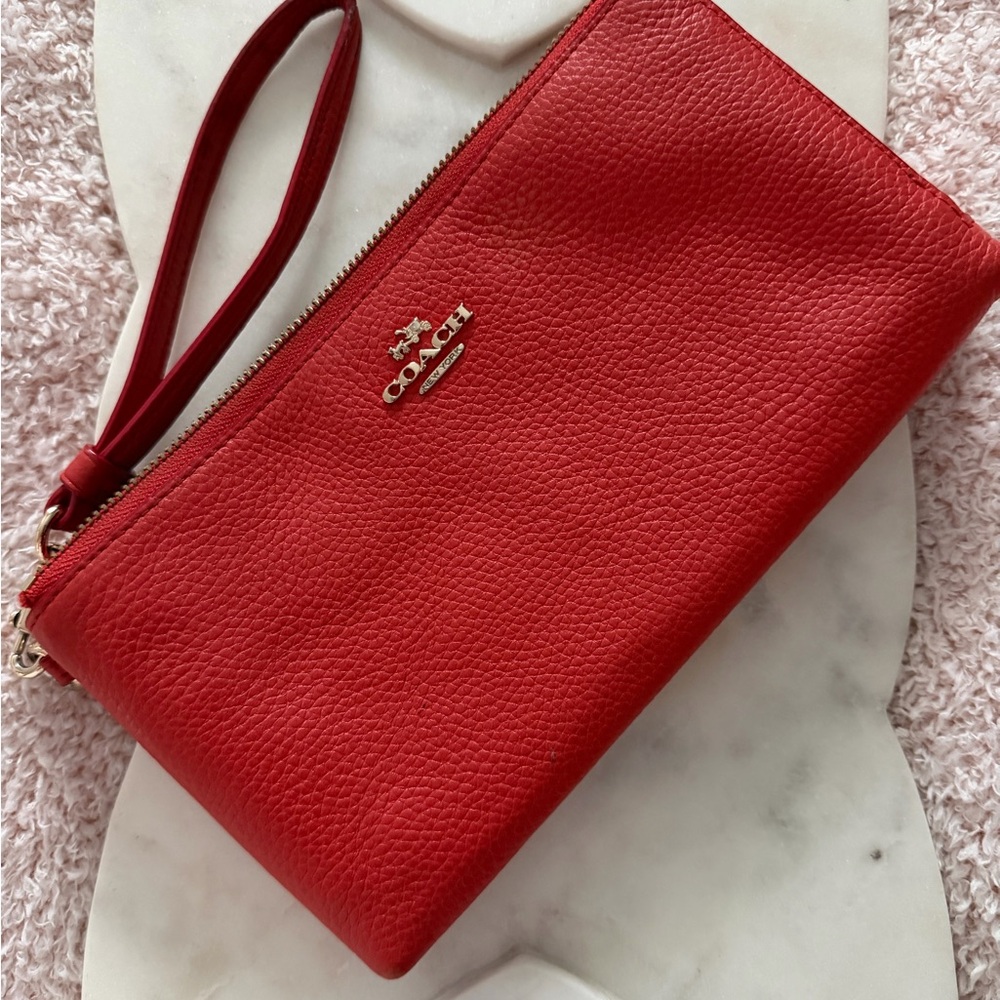 Coach Orange Pebble Leather Wristlet Clutch with Gold Logo